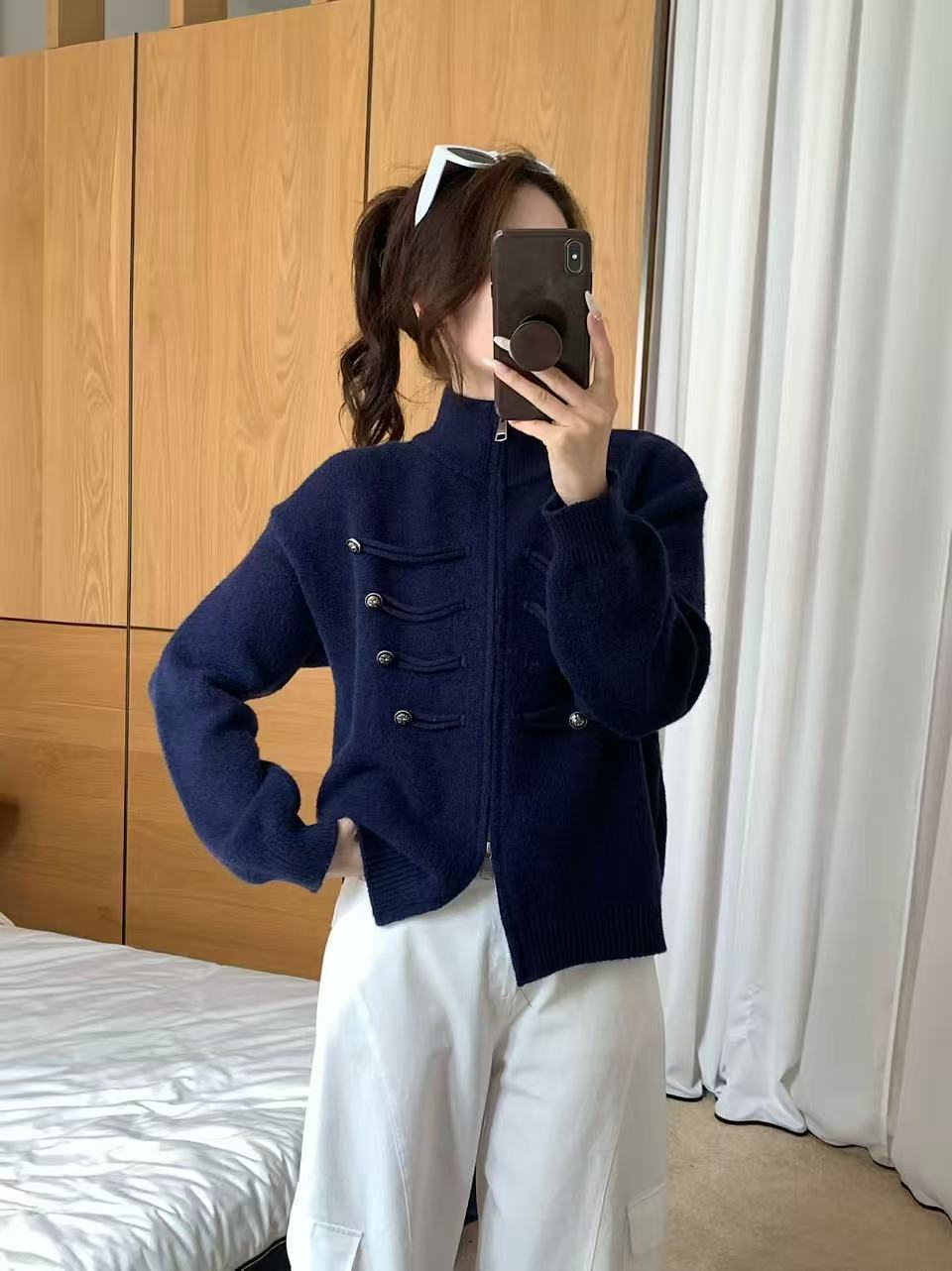 Women Niche-Design Cropped Knit Cardigan New Autumn-Winter Stand-Collar Double-Zipper Sweater Coat