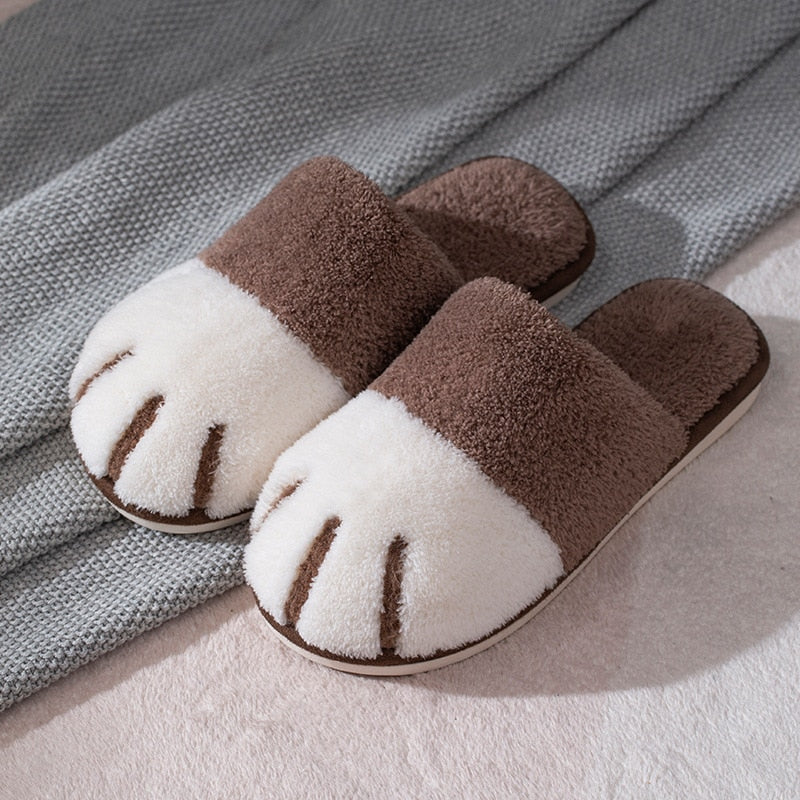 Zapatillas de invierno cálidas con piel para mujer, bonitas zapatillas de dormitorio con diseño de pata de gato, zapatos de felpa cálidos, antideslizantes para interior, zapatillas peludas para mujer