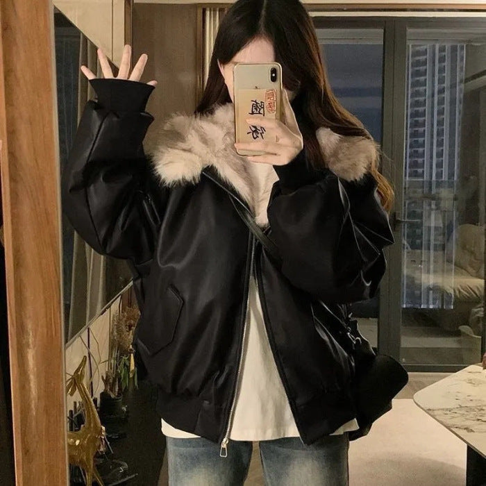 Thickened Warm Leather Short Jacket With A Mountain Eagle Fur Collar