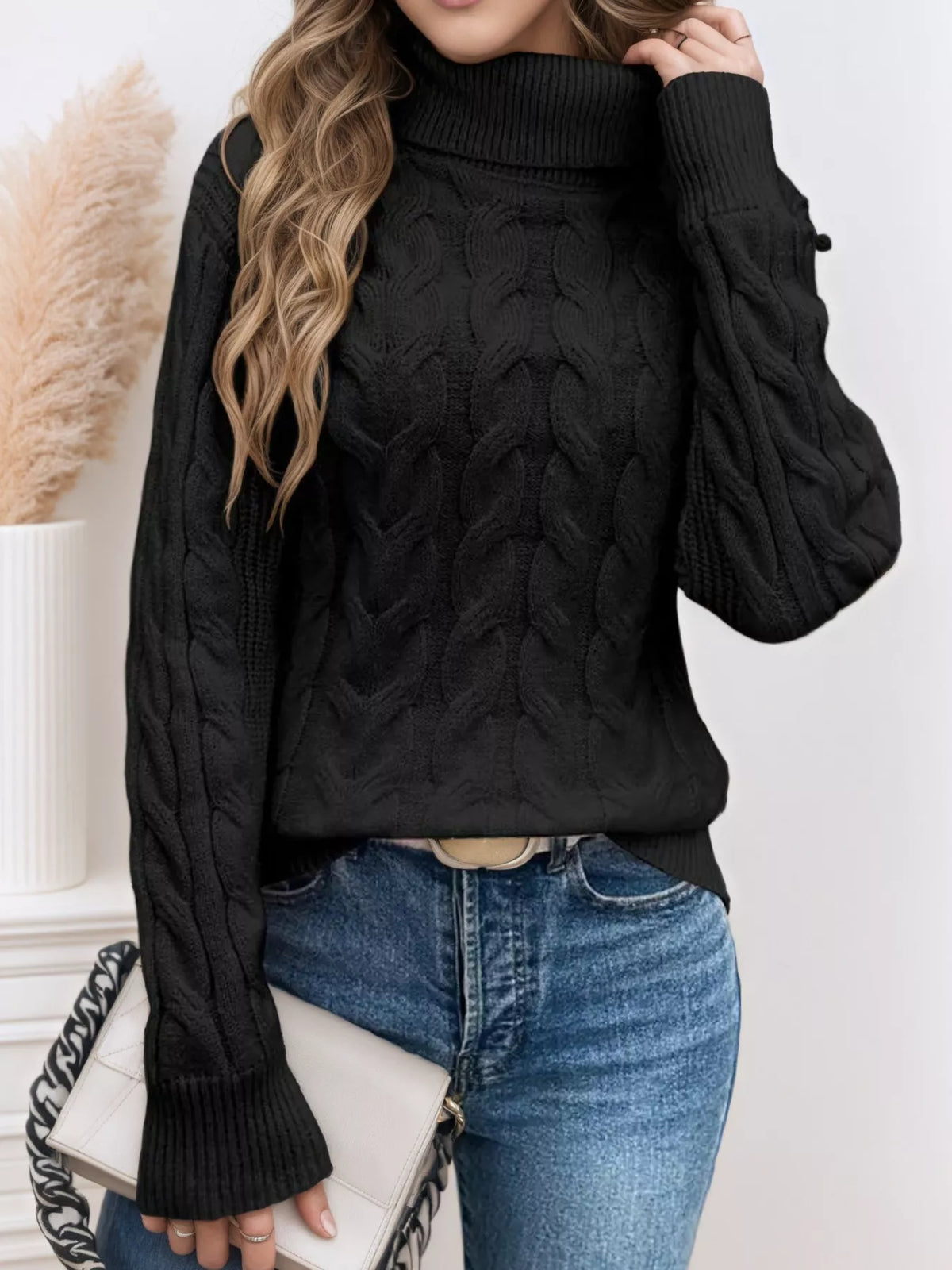 Cable Knit Turtleneck Long Sleeve Sweater