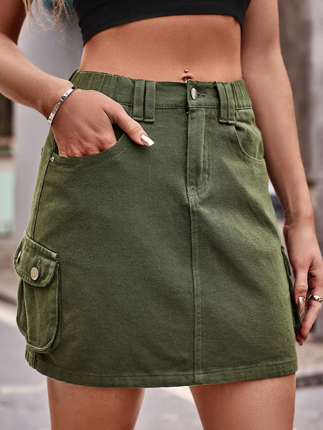 Denim Mini Skirt with Pockets See size chart under “more details”