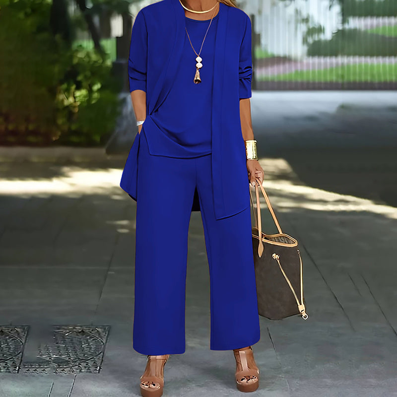 Conjunto informal de 3 piezas de talla grande para mujer, cárdigan abierto, chaleco sin mangas, pantalones, conjunto de salón de color liso