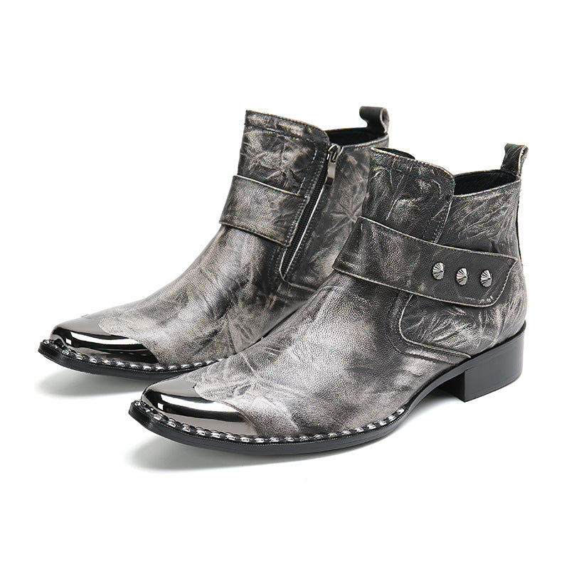 Chunky Heel Cowhide Gray Motorcycle Boots