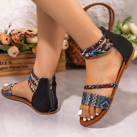 Women's Bohemian Roman Sandals - Open-Toe Flat Shoes with Back Zipper