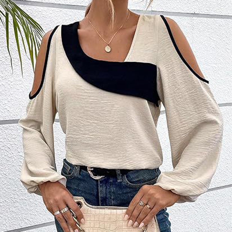 Women's Cold Shoulder Color Block Long Sleeve Tee Shirt Casual Going Out Top See size chart under “more details”
