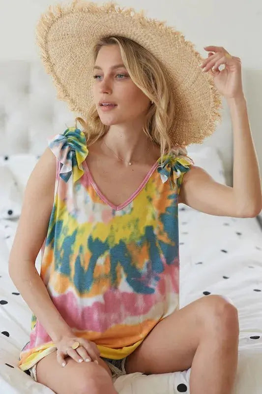 Knit Tank Top Knit Tank - Tie Dye Ruffle - V-Neck