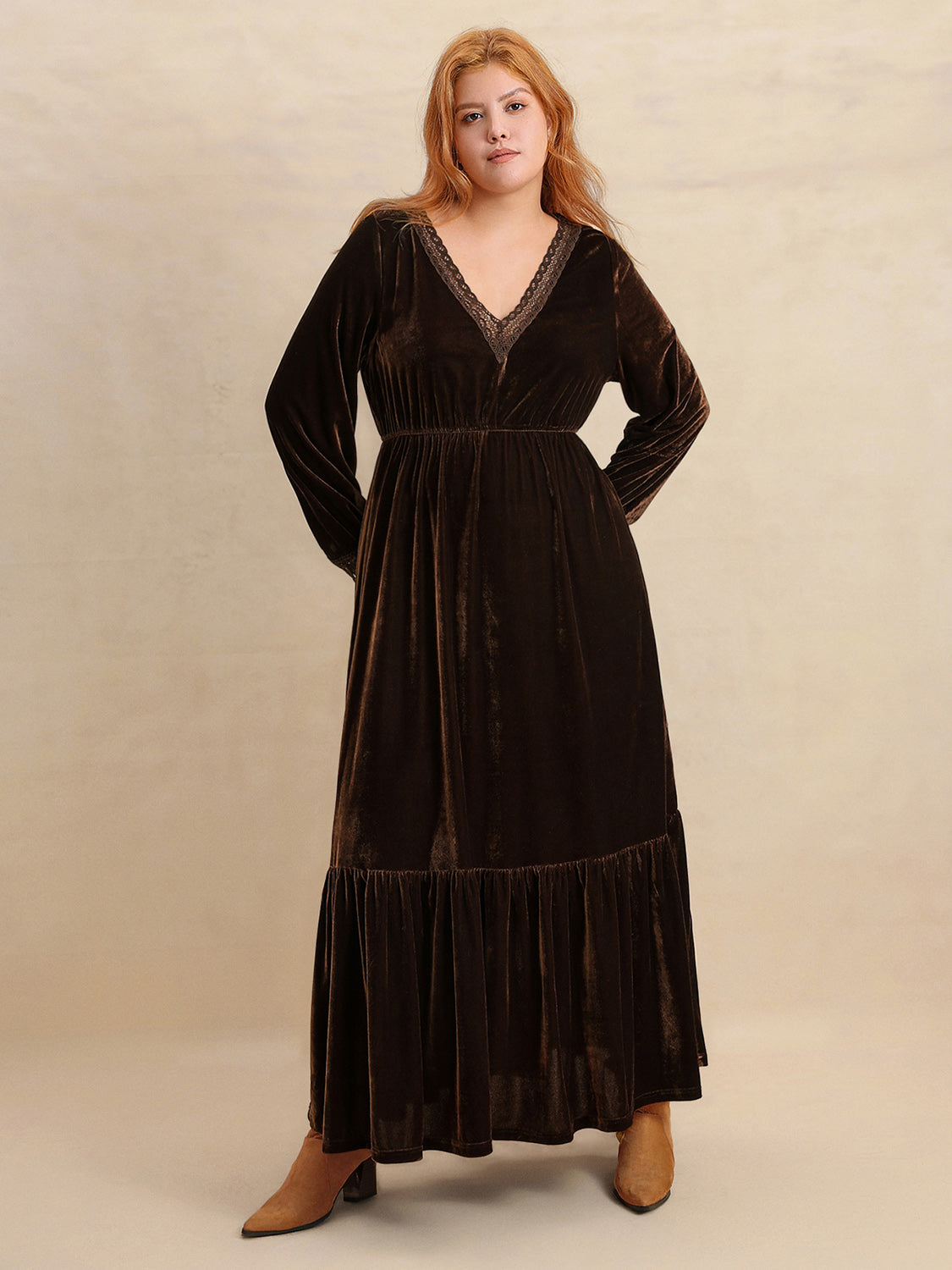 Vestido Midi de Manga Larga con Escote en V y Detalles de Encaje, Talla Grande