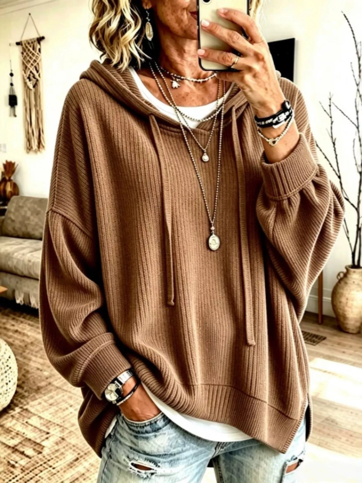 Drawstring Ribbed Knit Hoodie