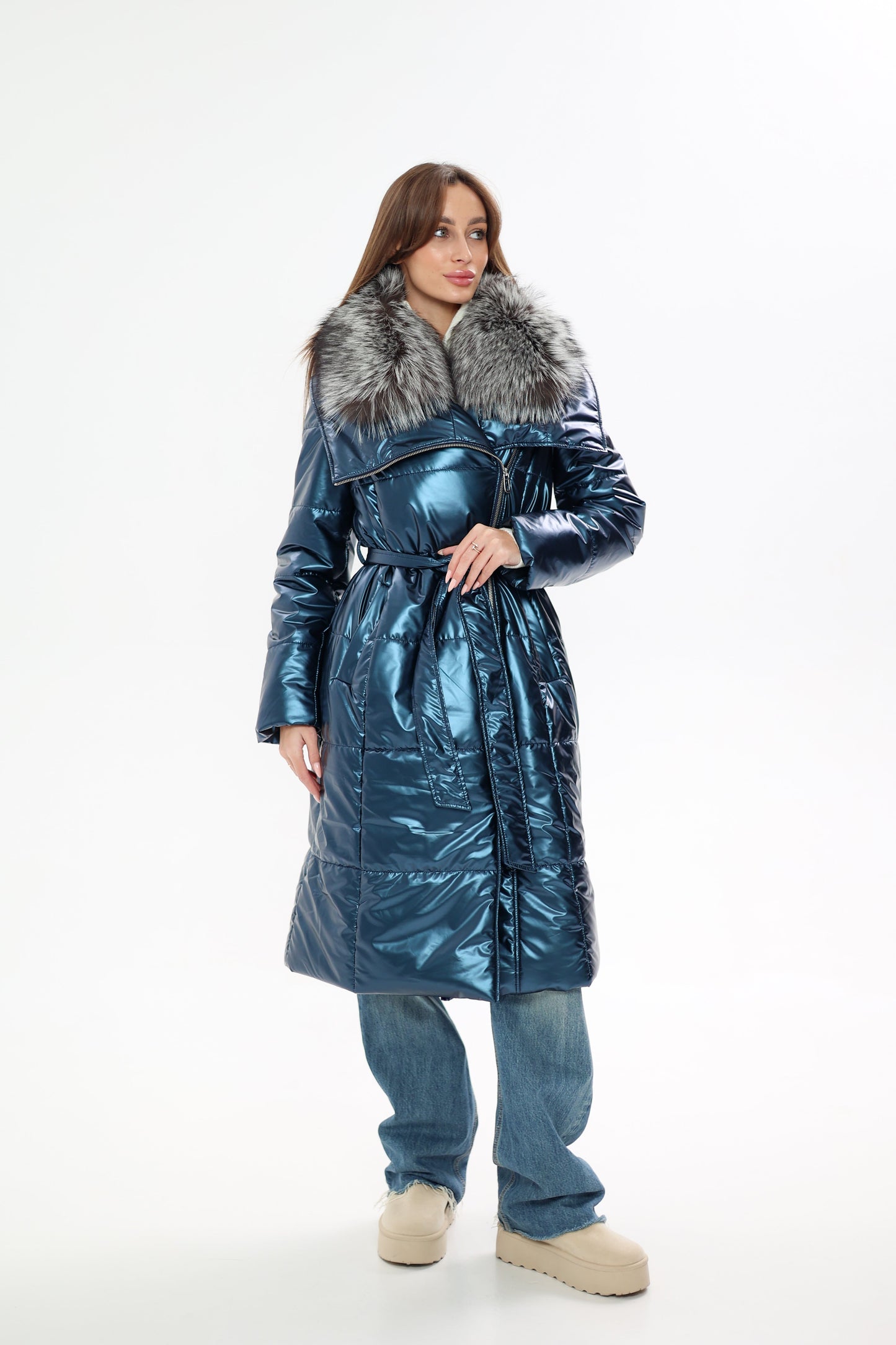 Abrigo de piel auténtica de zorro plateado con Comfortemp® de Freudenberg