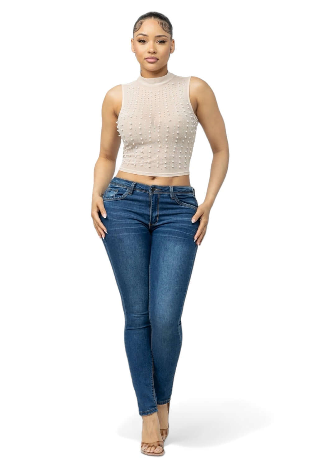 Top de Malla Transparente con Perlas y Tachuelas