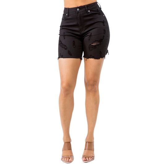 Pantalones cortos de mezclilla distressed de talle alto -RSS20482