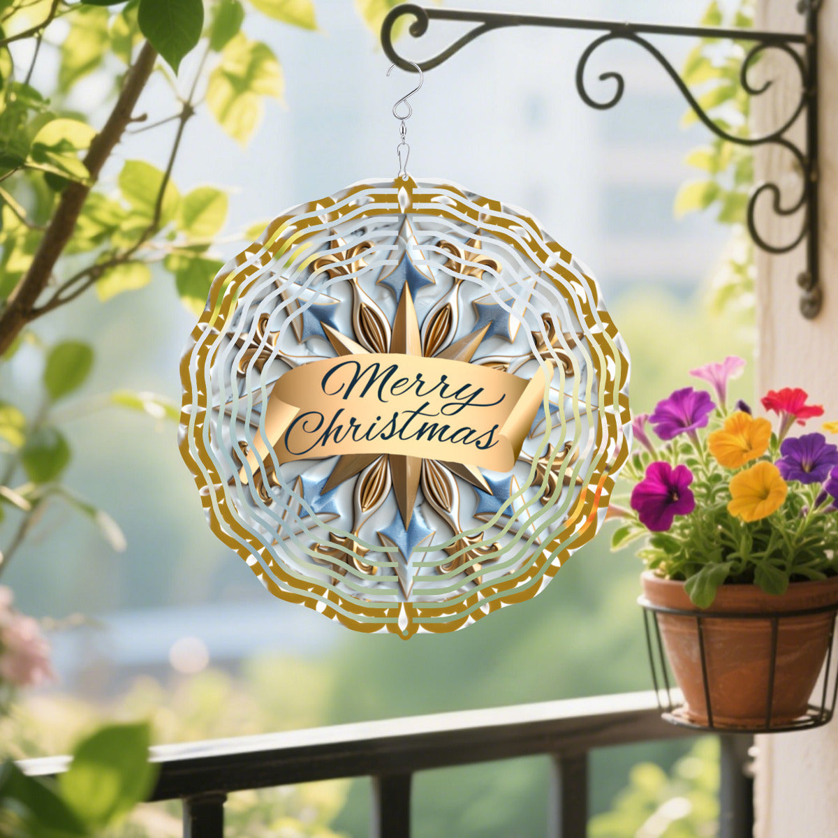 Merry Christmas Blue Mandala Wind Spinner Outdoor Decor