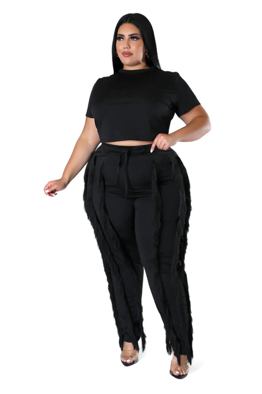 Top Curvy de Manga Corta y Pantalón a Juego con Borlas