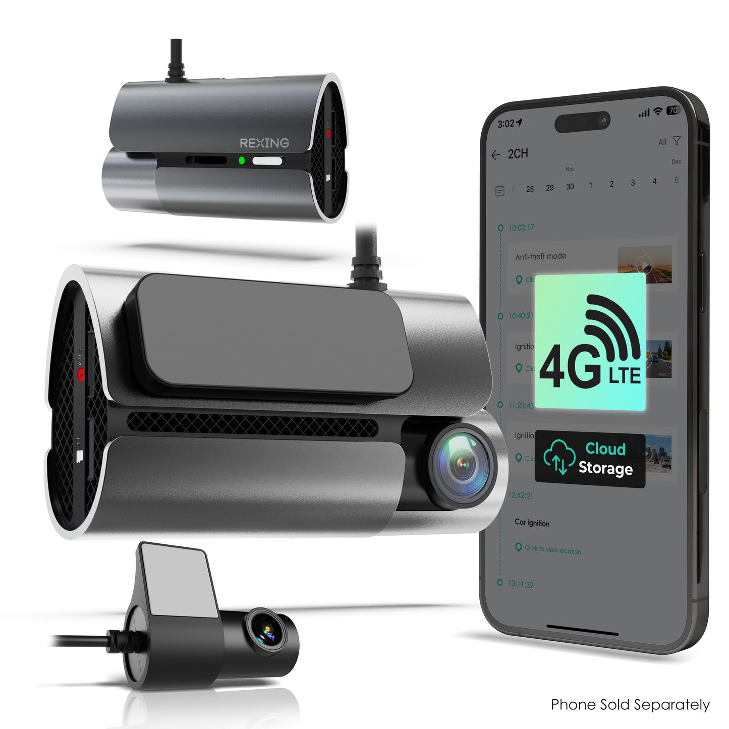 Cámara para salpicadero de doble canal 4G LTE Rexing con GPS – Delantera 2.5K + Trasera 1080p | Acceso remoto y alertas en tiempo real