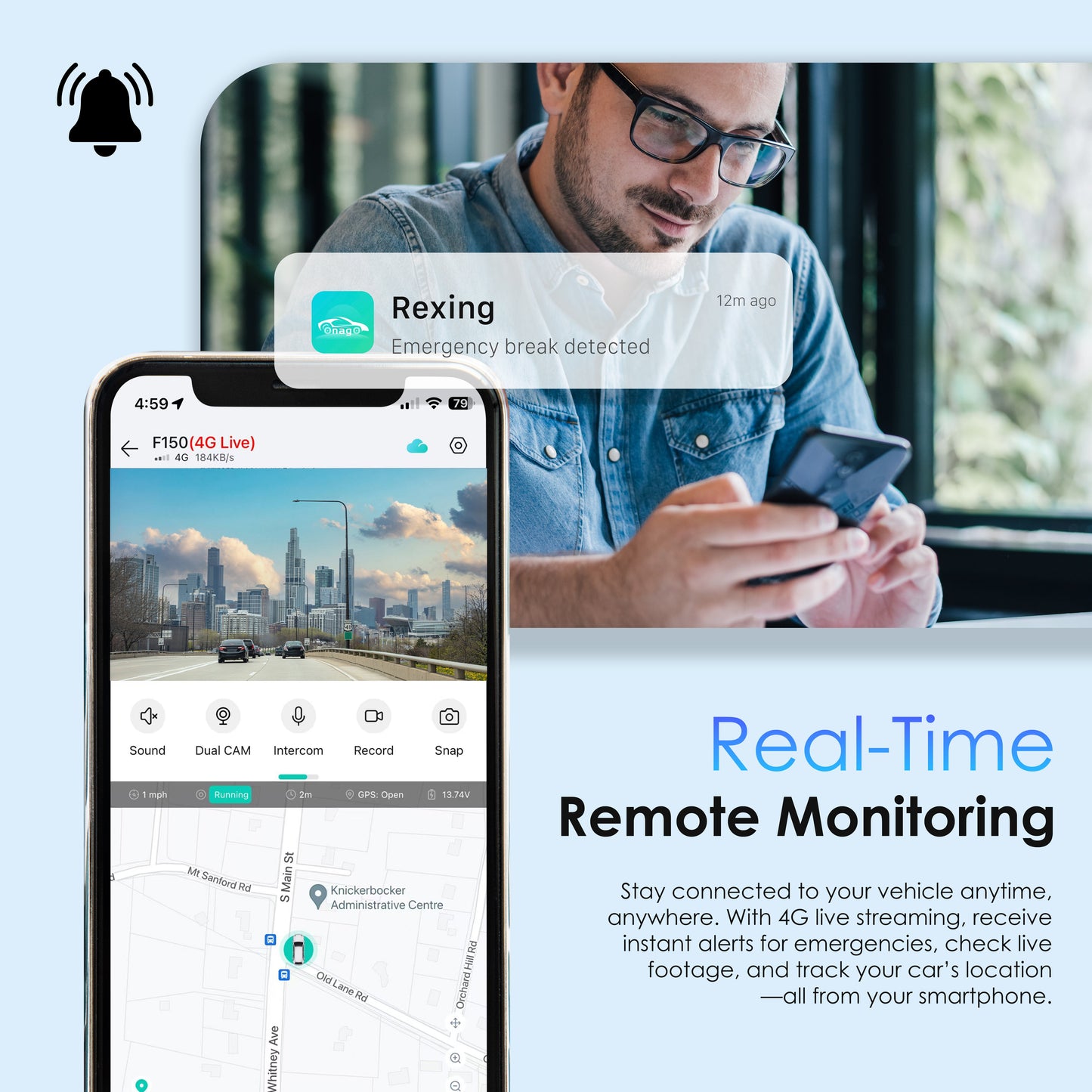 Cámara para salpicadero de doble canal 4G LTE Rexing con GPS – Delantera 2.5K + Trasera 1080p | Acceso remoto y alertas en tiempo real