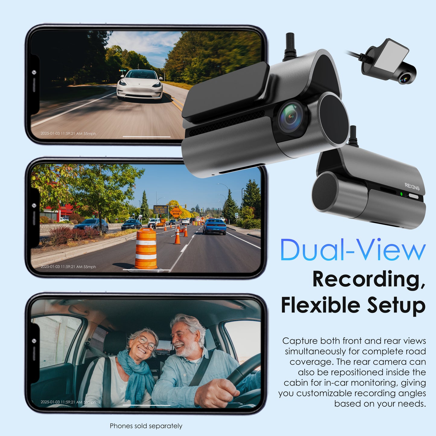 Cámara para salpicadero de doble canal 4G LTE Rexing con GPS – Delantera 2.5K + Trasera 1080p | Acceso remoto y alertas en tiempo real