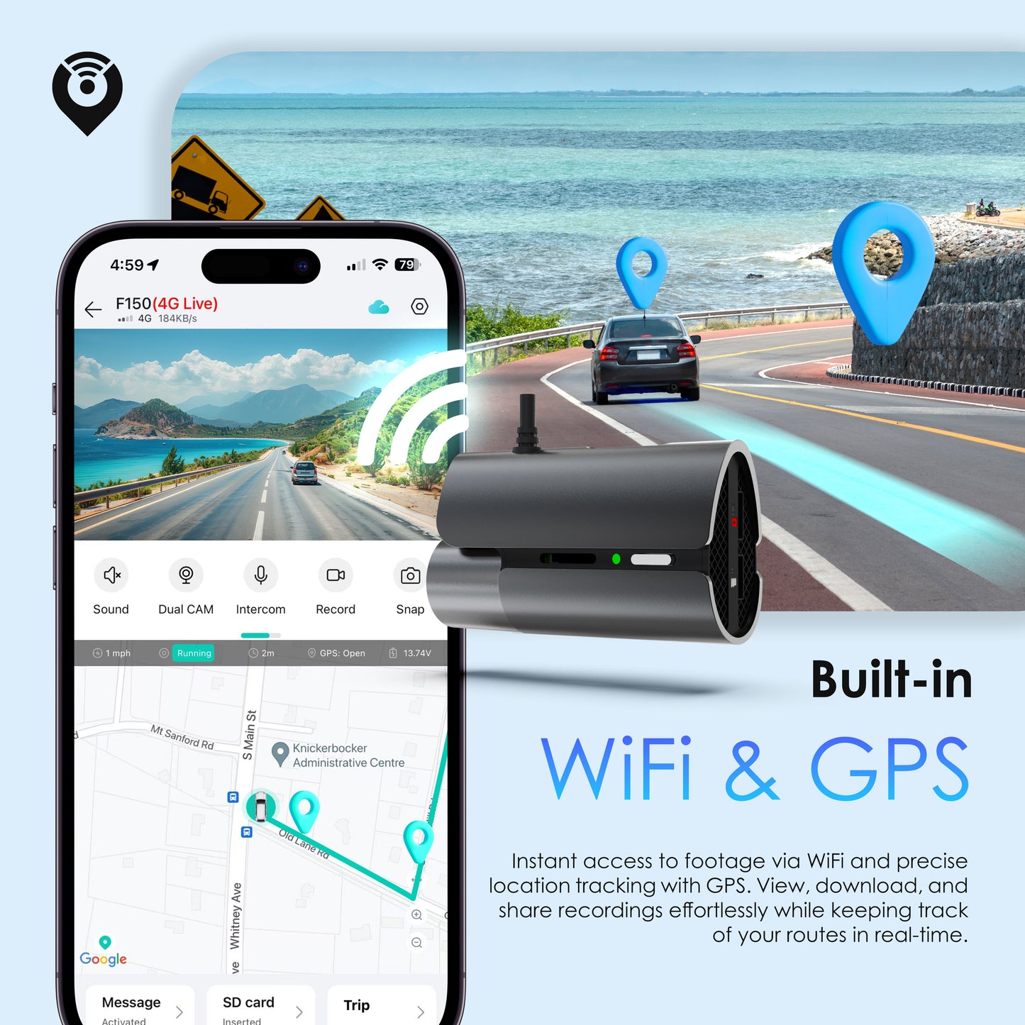 Cámara para salpicadero de doble canal 4G LTE Rexing con GPS – Delantera 2.5K + Trasera 1080p | Acceso remoto y alertas en tiempo real