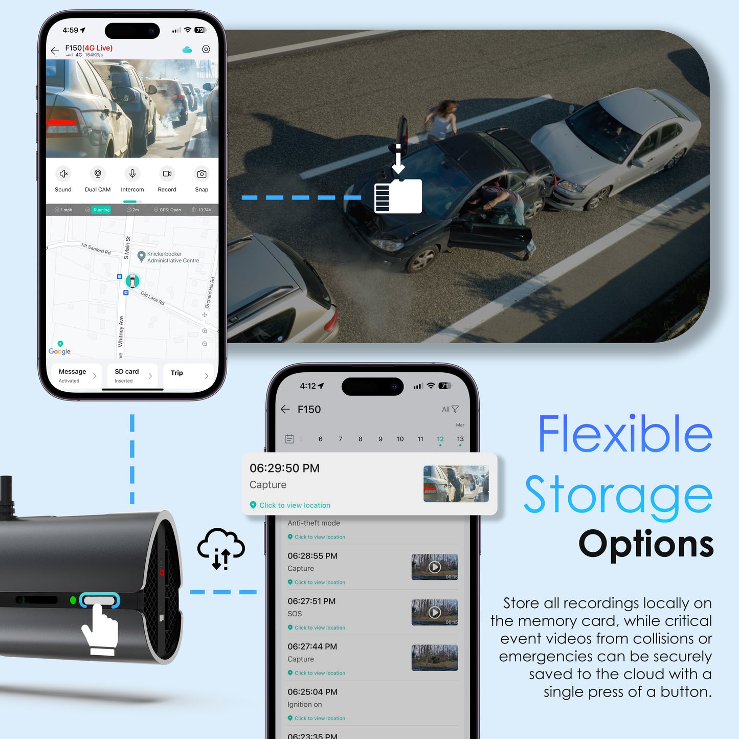 Cámara para salpicadero de doble canal 4G LTE Rexing con GPS – Delantera 2.5K + Trasera 1080p | Acceso remoto y alertas en tiempo real