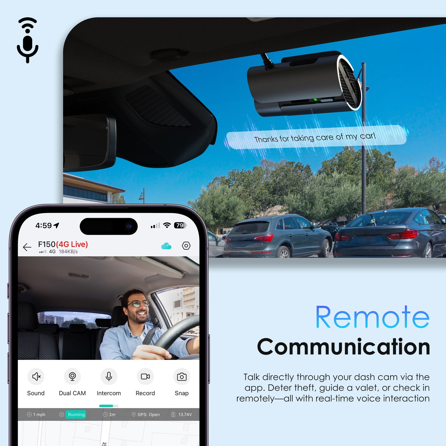 Cámara para salpicadero de doble canal 4G LTE Rexing con GPS – Delantera 2.5K + Trasera 1080p | Acceso remoto y alertas en tiempo real