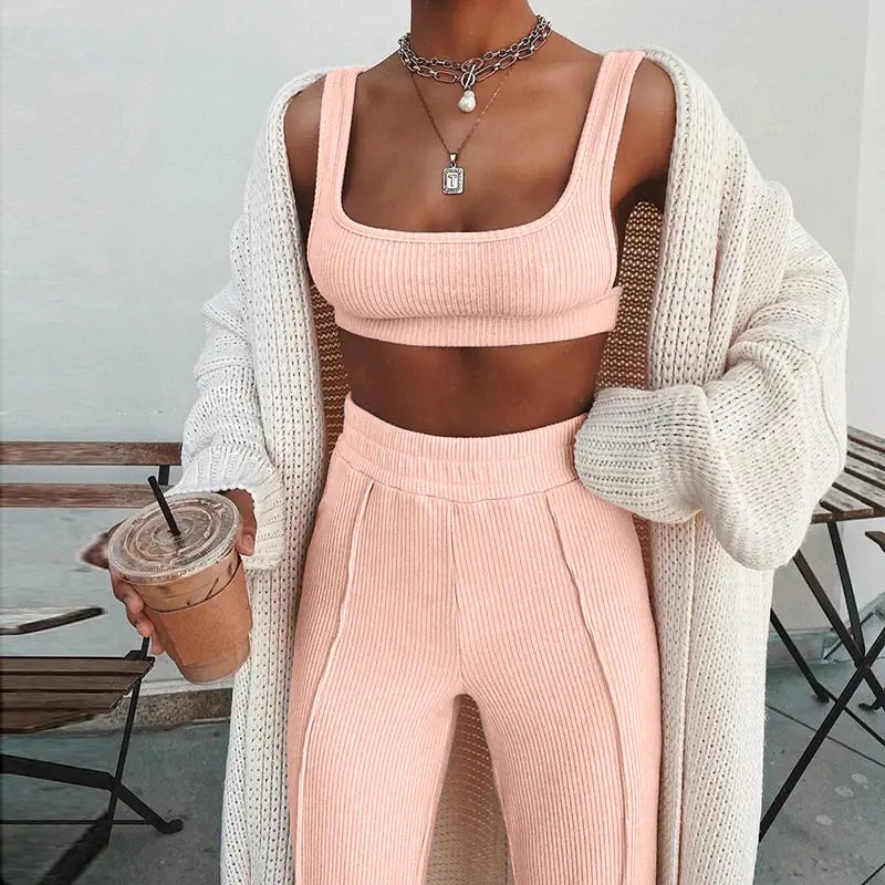 Women's Ribbed Yoga Workout Set for Autumn/Winter