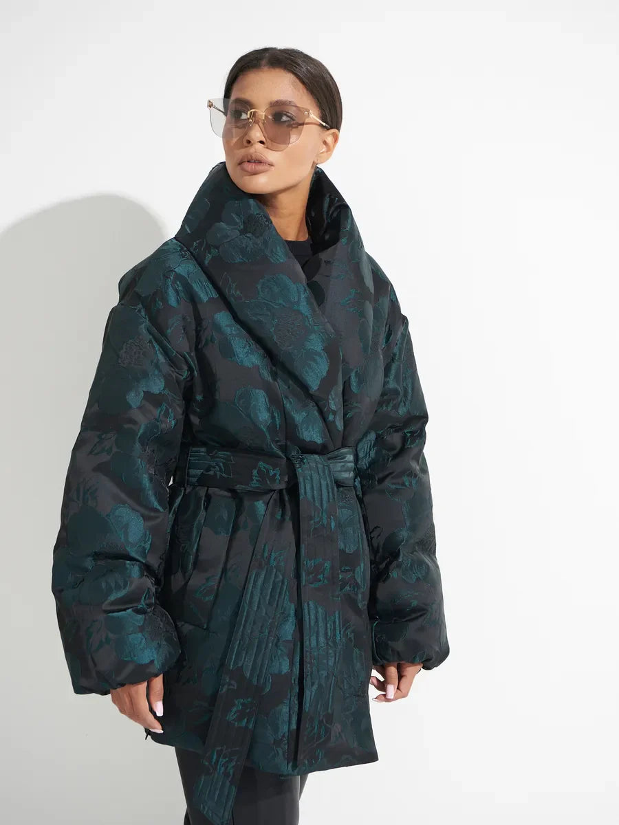 Abrigo de Plumón Jacquard Monocromático en Verde Esmeralda Vintage