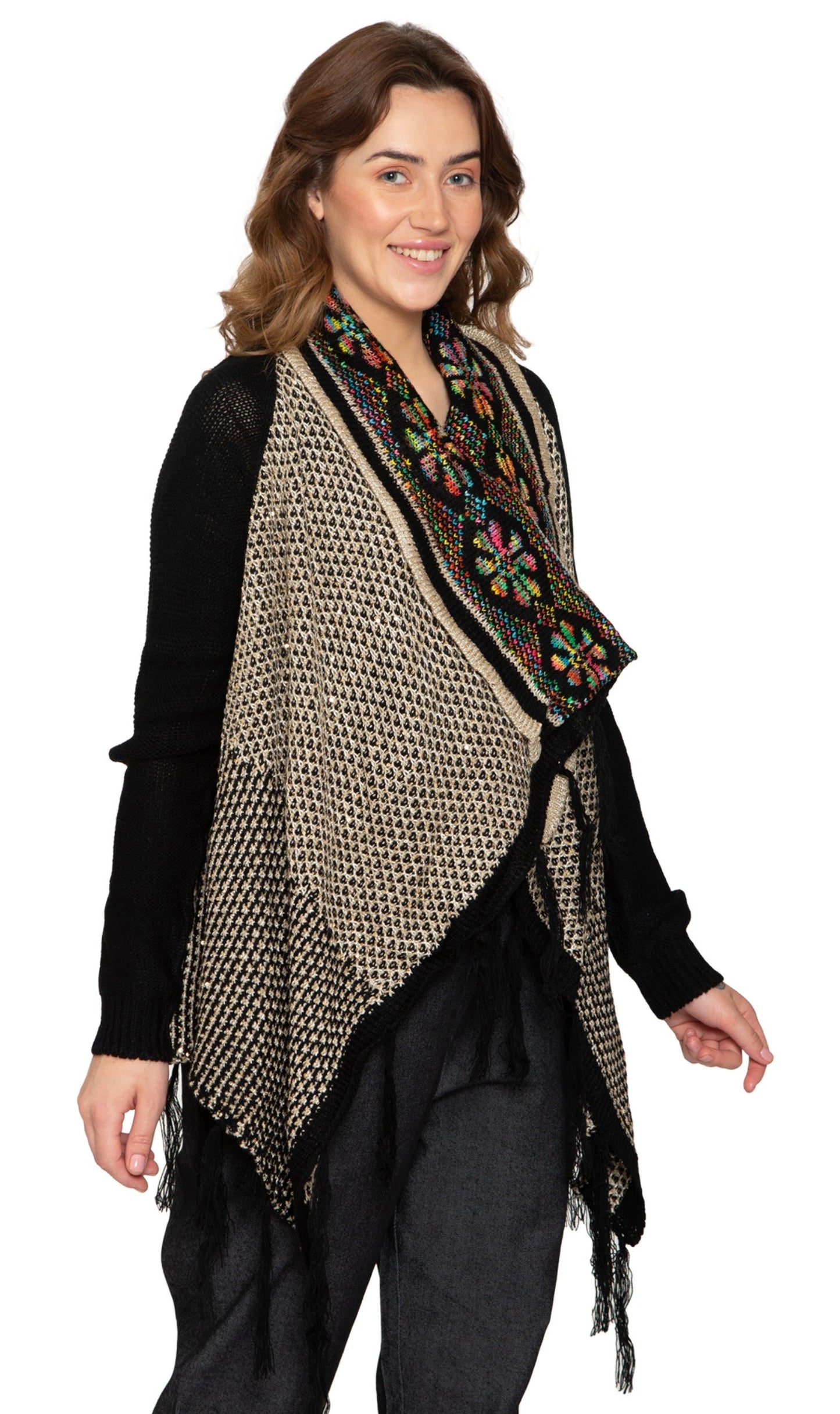 Cárdigan largo abierto de jacquard con flecos para mujer