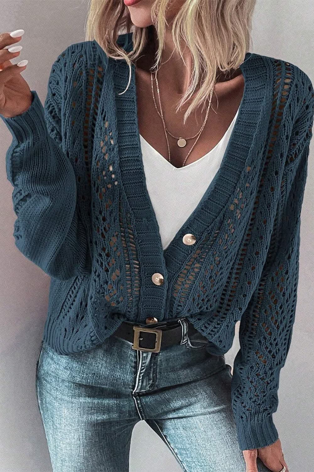 Cotton Blend Openwork Cardigan by Trendsi | Peacock Blue