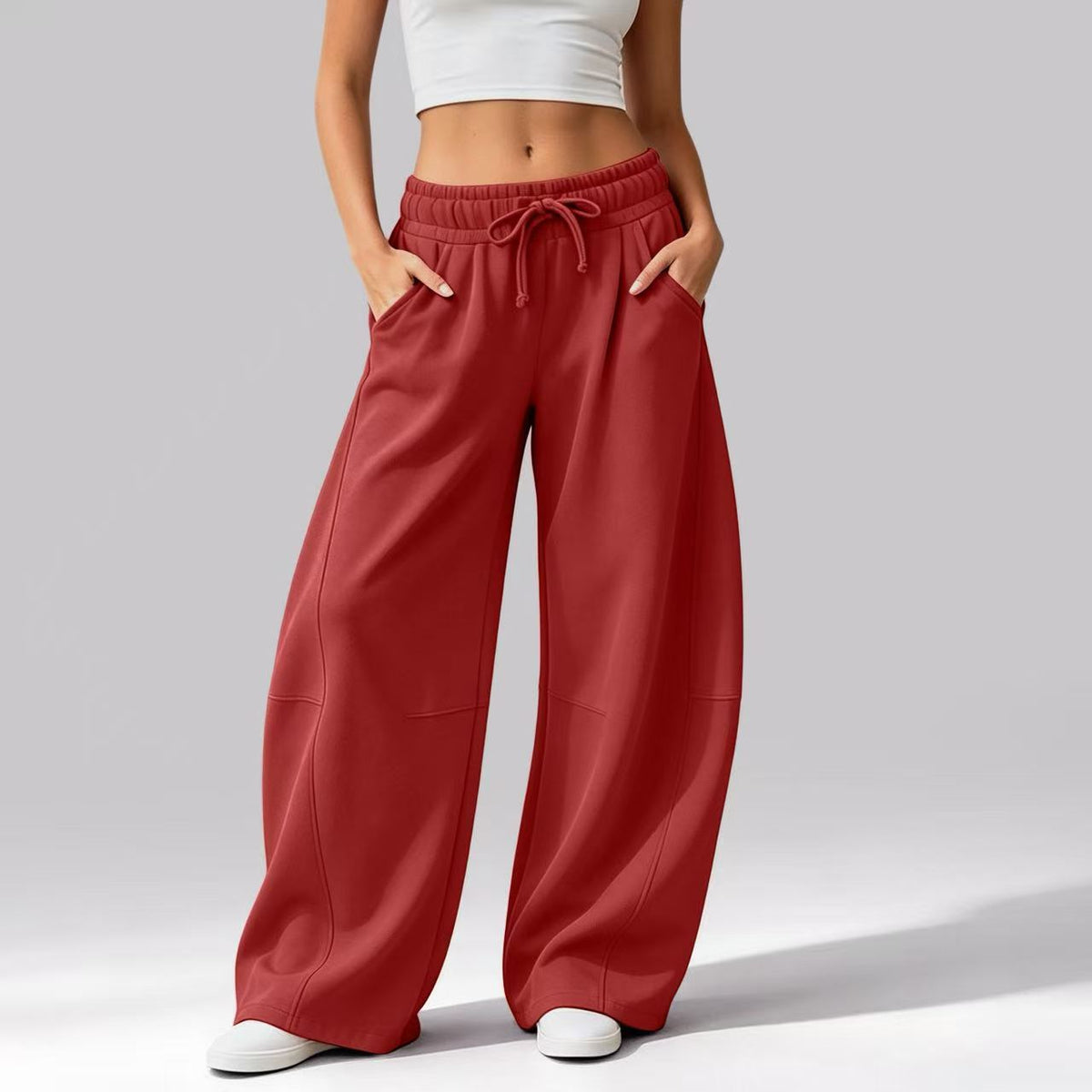 Women's Solid Color Casual Pocket Wide-Leg Pants, Fleece-Lined Drawstring Sweatpants