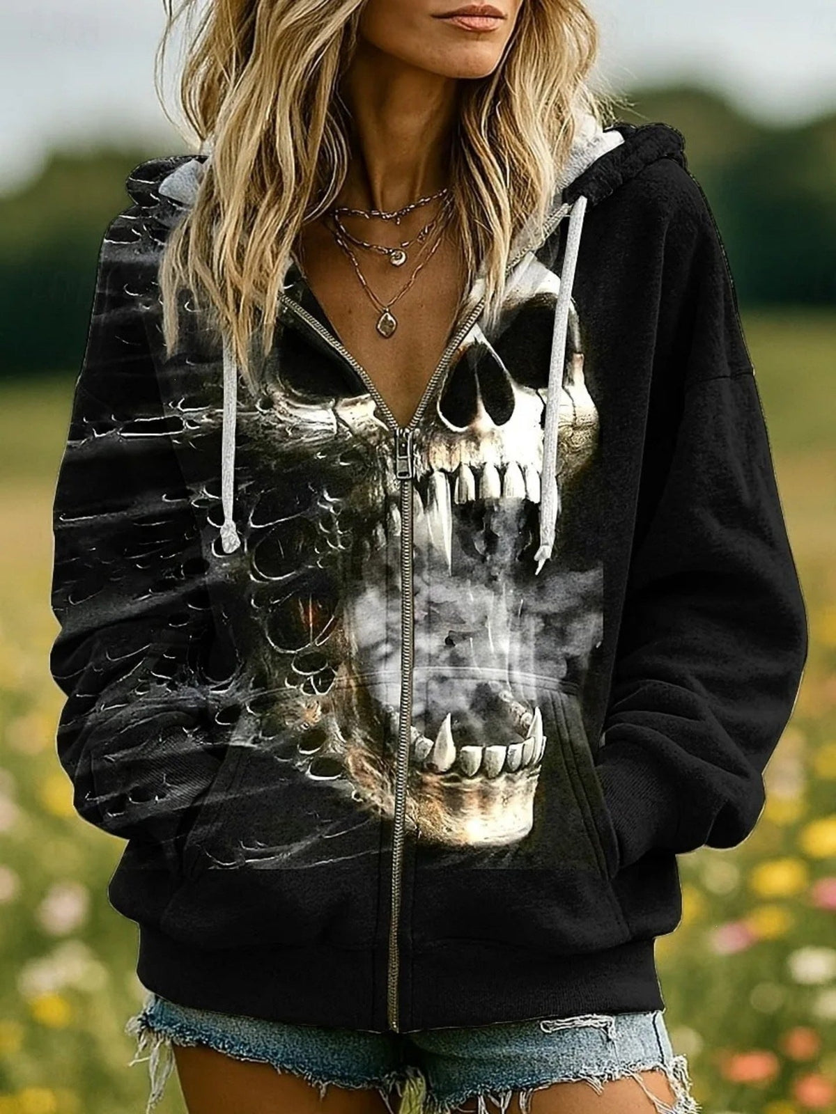 European And American Style Halloween Hooded Cardigan Women's Top Creative Skull Floral Wing Print Ladies Zip-Up Jacket