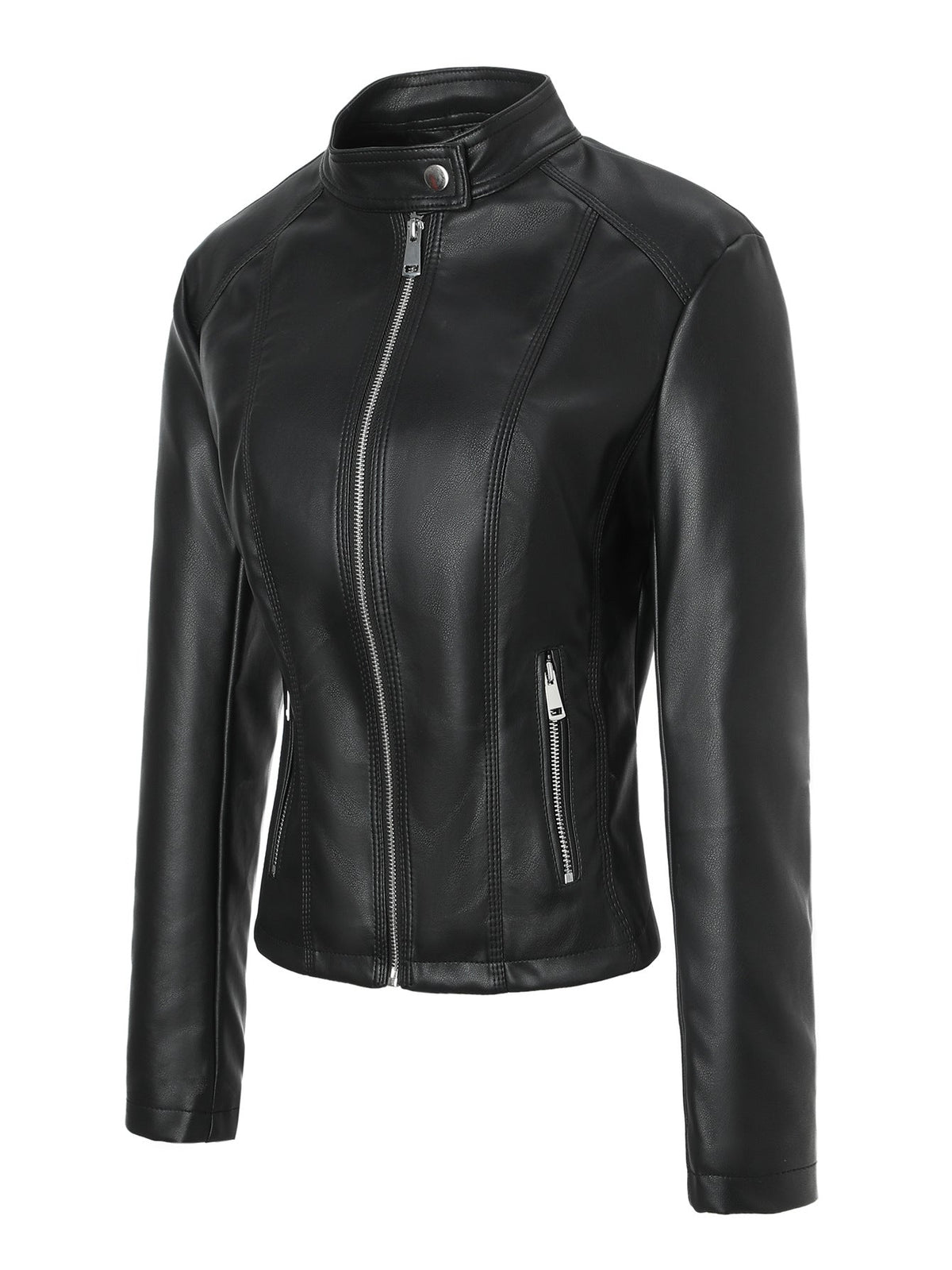 Women's Stand-collar Zip-up Biker PU Leather Jacket