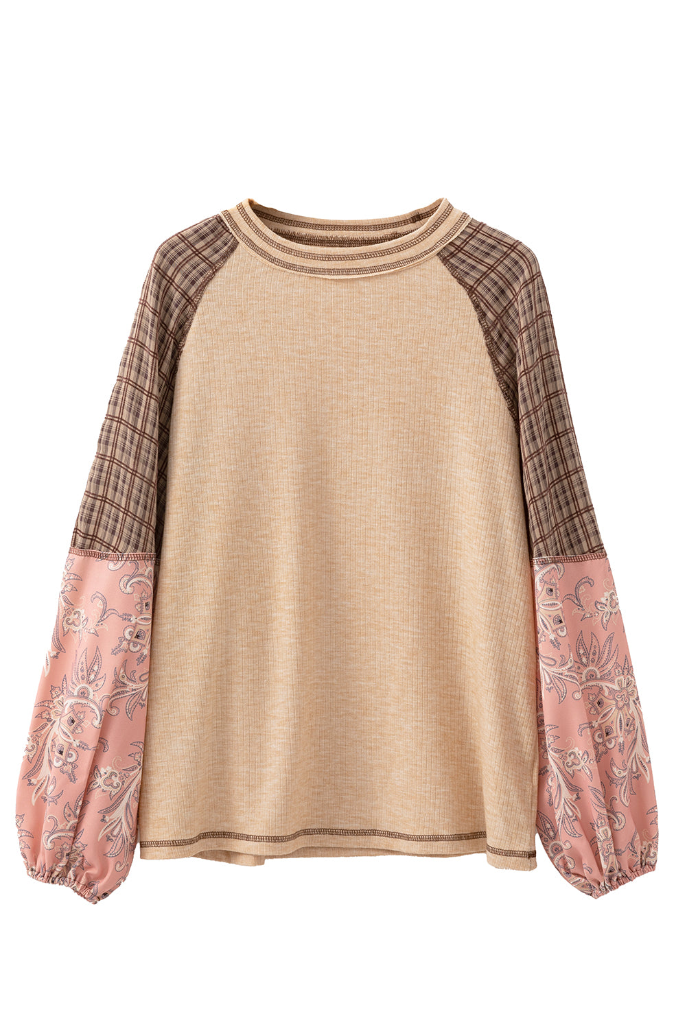 Top de canalé raglán con retazos de estampado mixto a cuadros florales Jet Stream