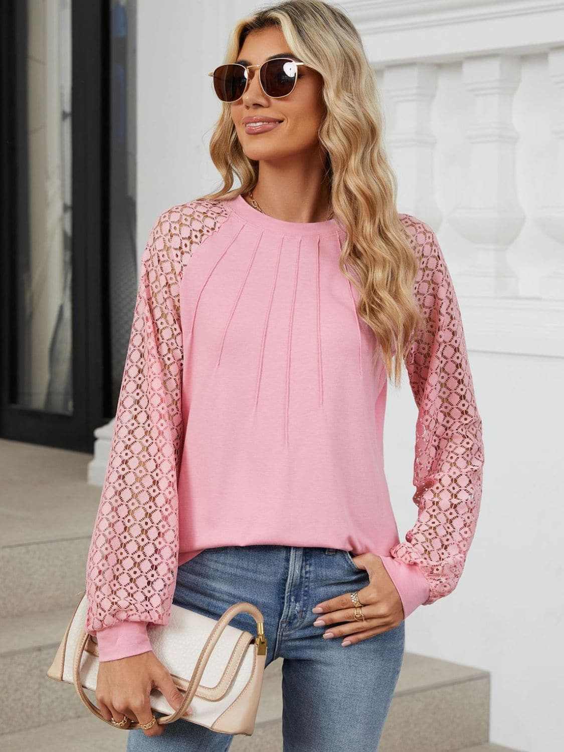T-Shirts Trendsi Lace long sleeve top in black