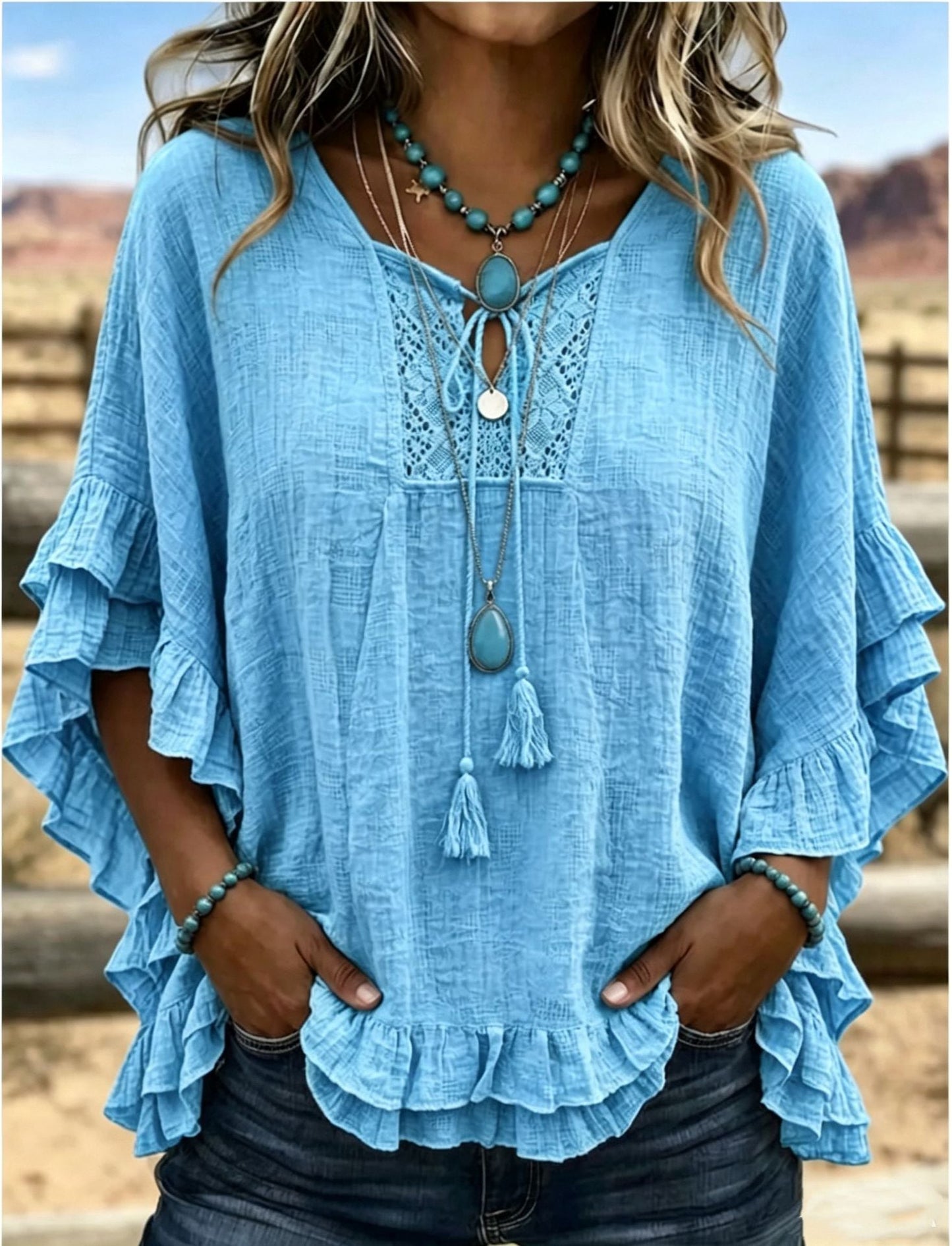 Women's Boho V-Neck Lace-Up Ruffle Sleeve Blouse – Lace Trim