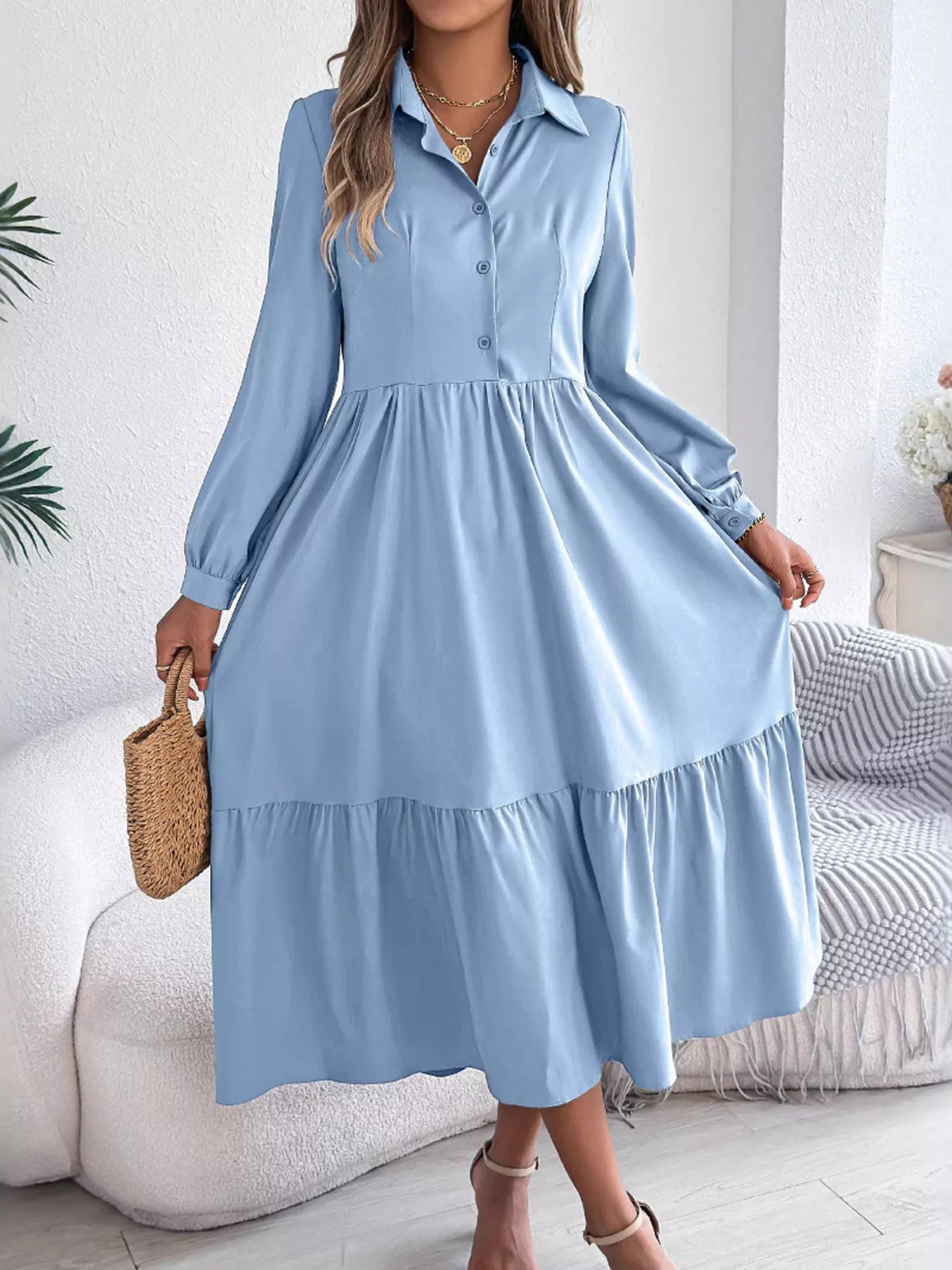 Long Sleeve Tiered Button Front Midi Dress
