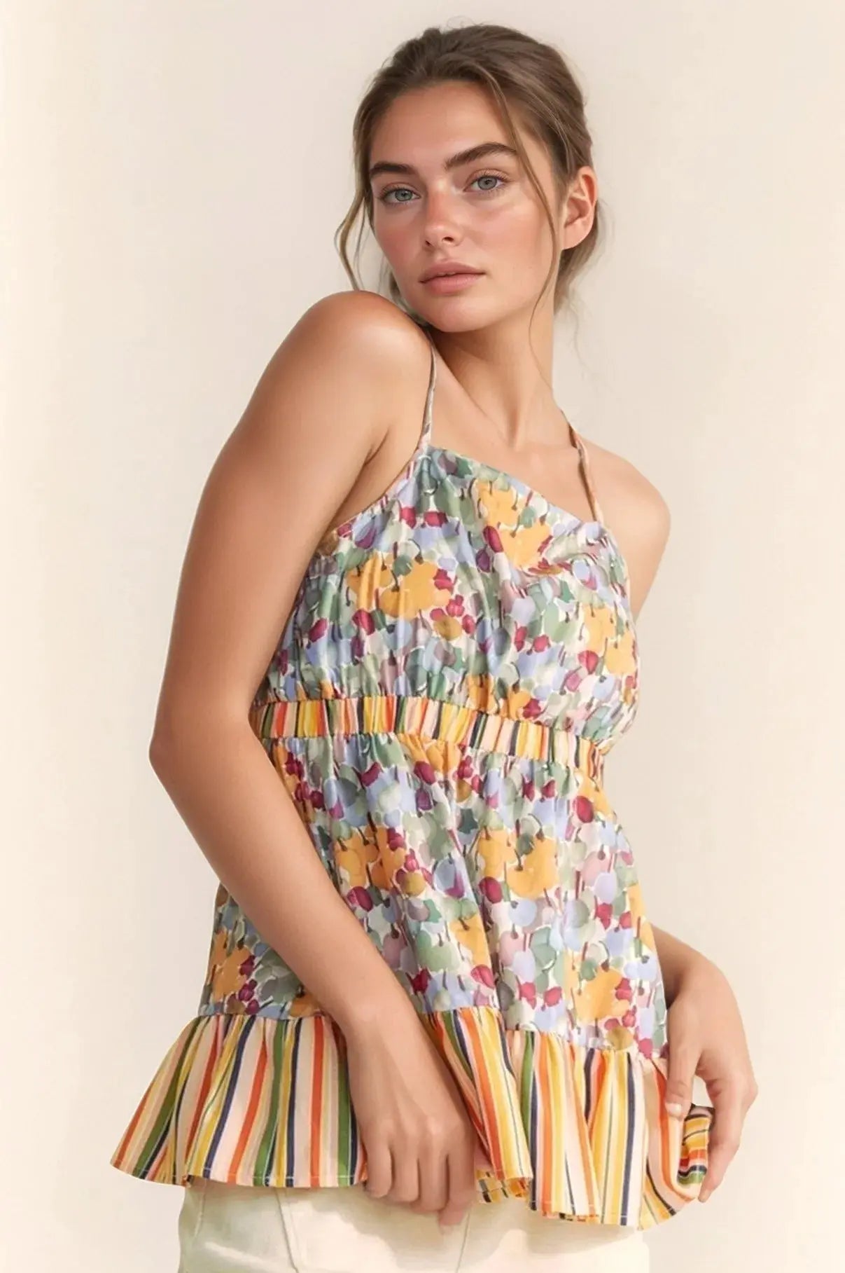 Women's Tank Top Tank Top - Floral Smocked Ruffle - Summer Casual Tie Back