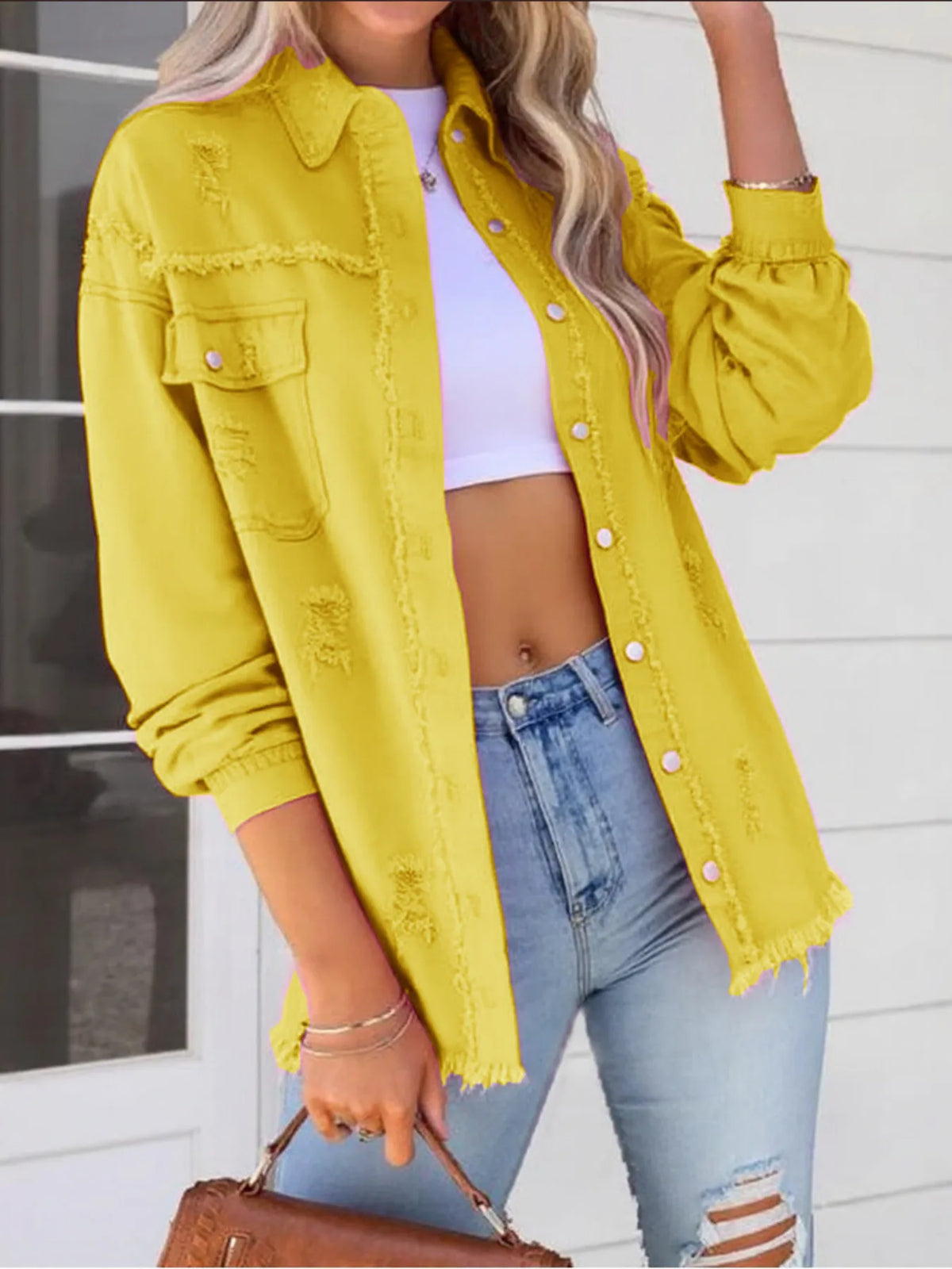 Distressed Denim Jacket with Frayed Edges