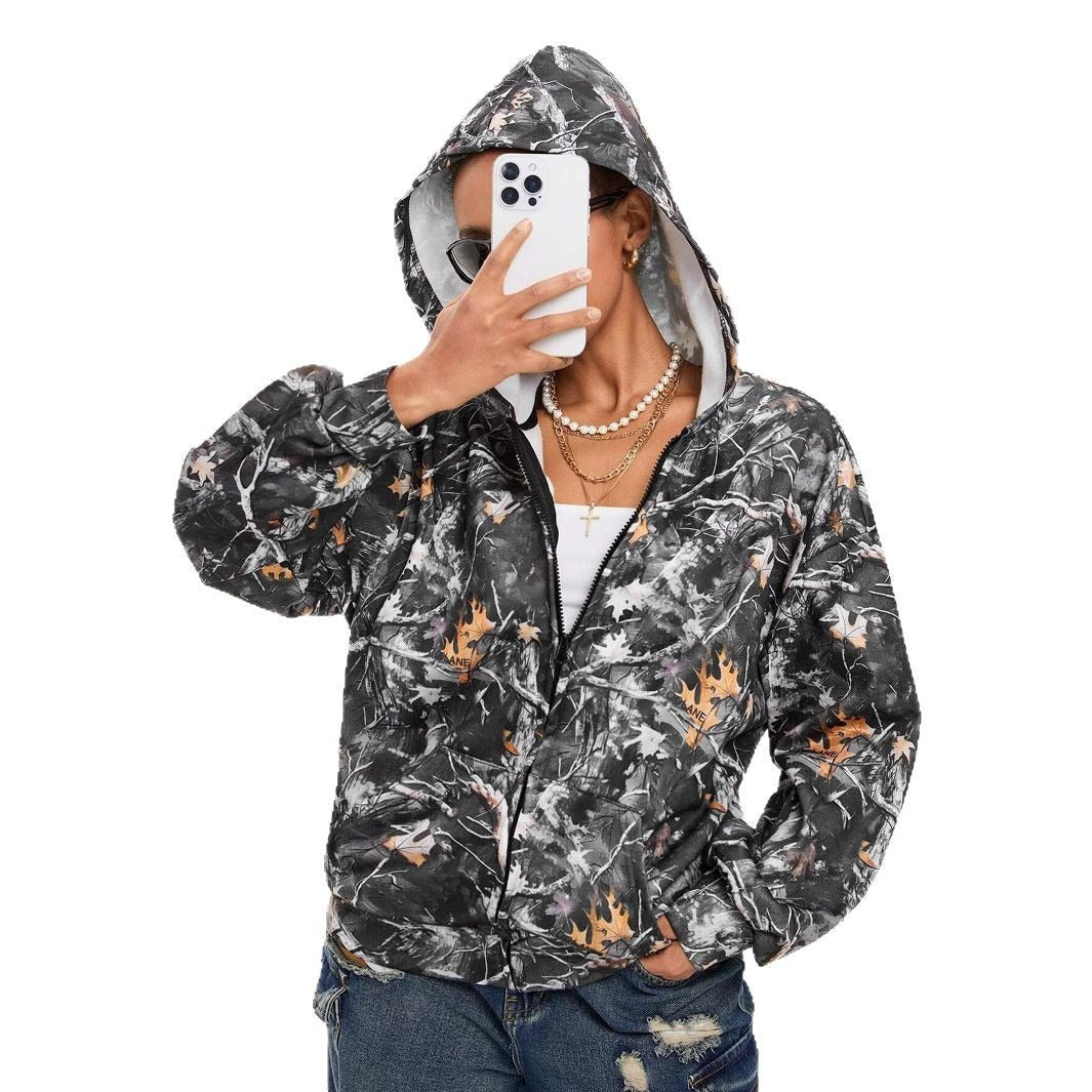 Women's Autumn Camouflage Loose Long Sleeve Jacket, Trendy Maple Leaf Print Versatile Casual Outerwear