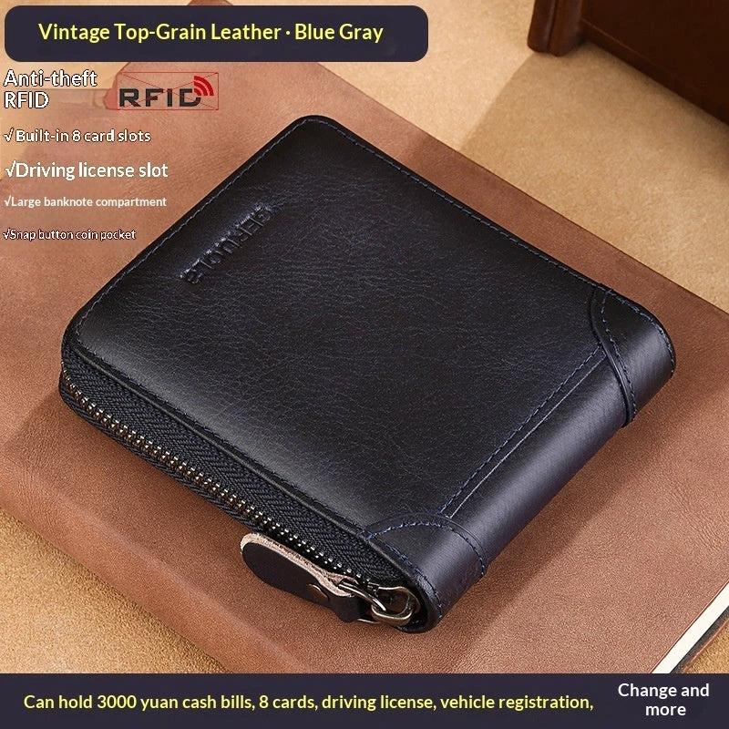 Men's Cowhide Wallet With Multiple Card Slots And A Zipper