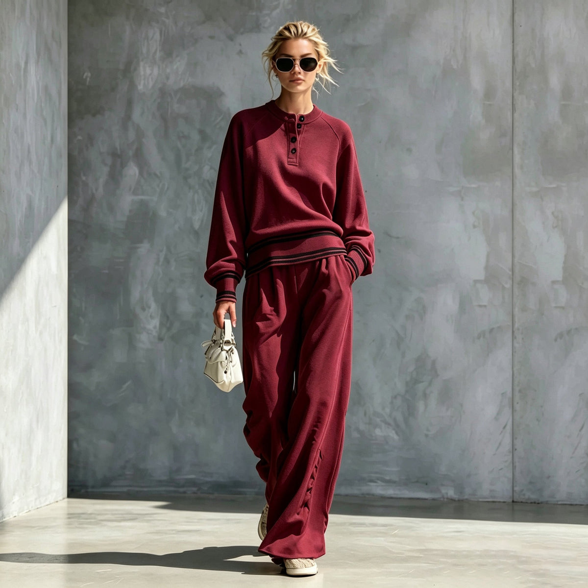 Women's Striped-Trim Henley Top & Wide-Leg Pants Set