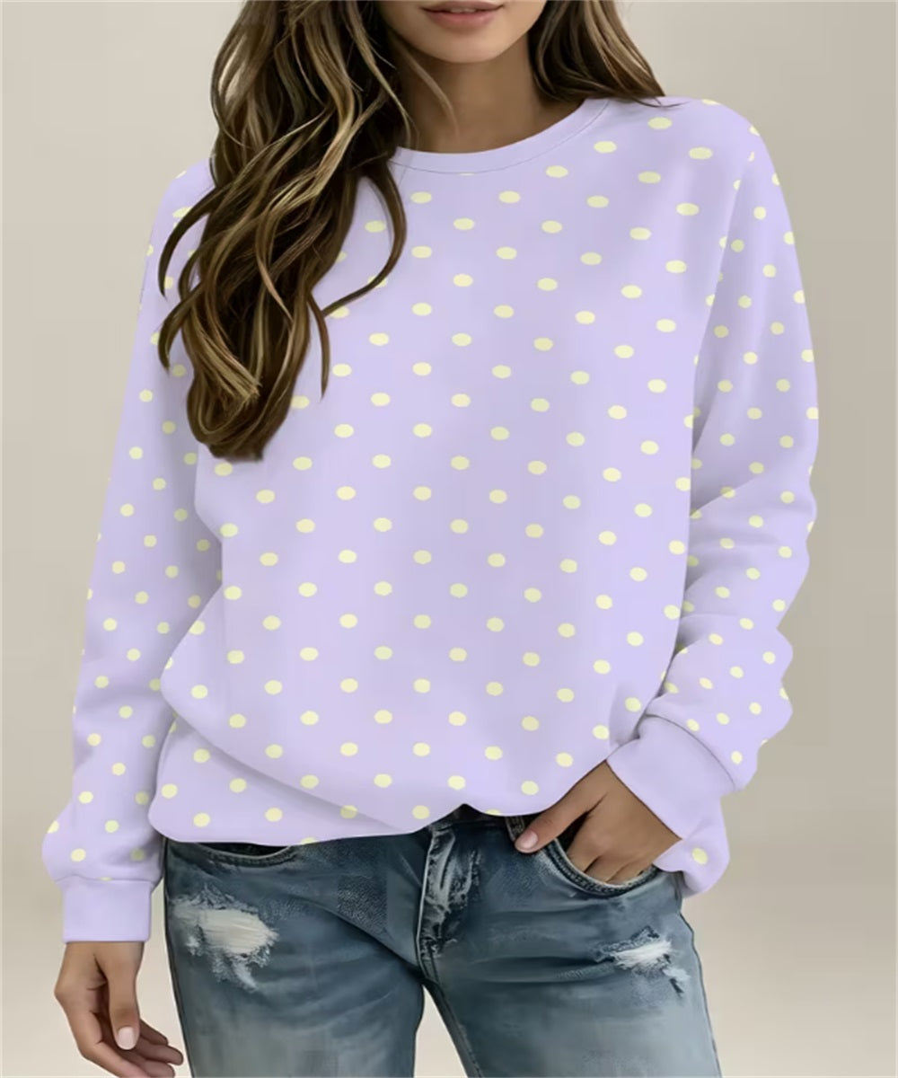 Women's Brown Polka Dot Print Crew Neck Sweatshirt, Light Blue Long Sleeve Pullover Top