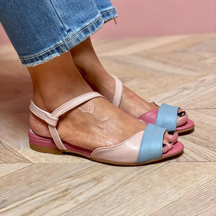 Color Block Open-Toe Low-Heel Buckle Preppy Sandals