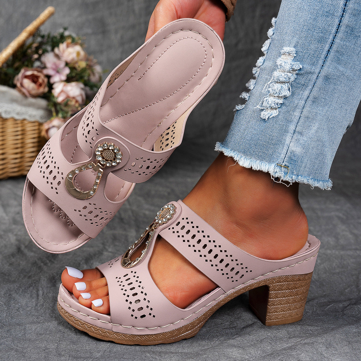 Rhinestone Detail Cutout Block Heel Sandals
