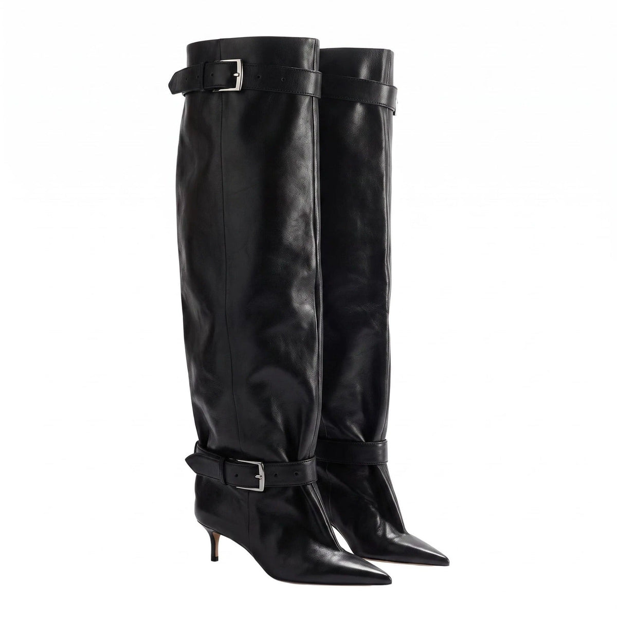 Pointed-toe Low-heeled Buckle-decorated Over-the-knee Womens Boots