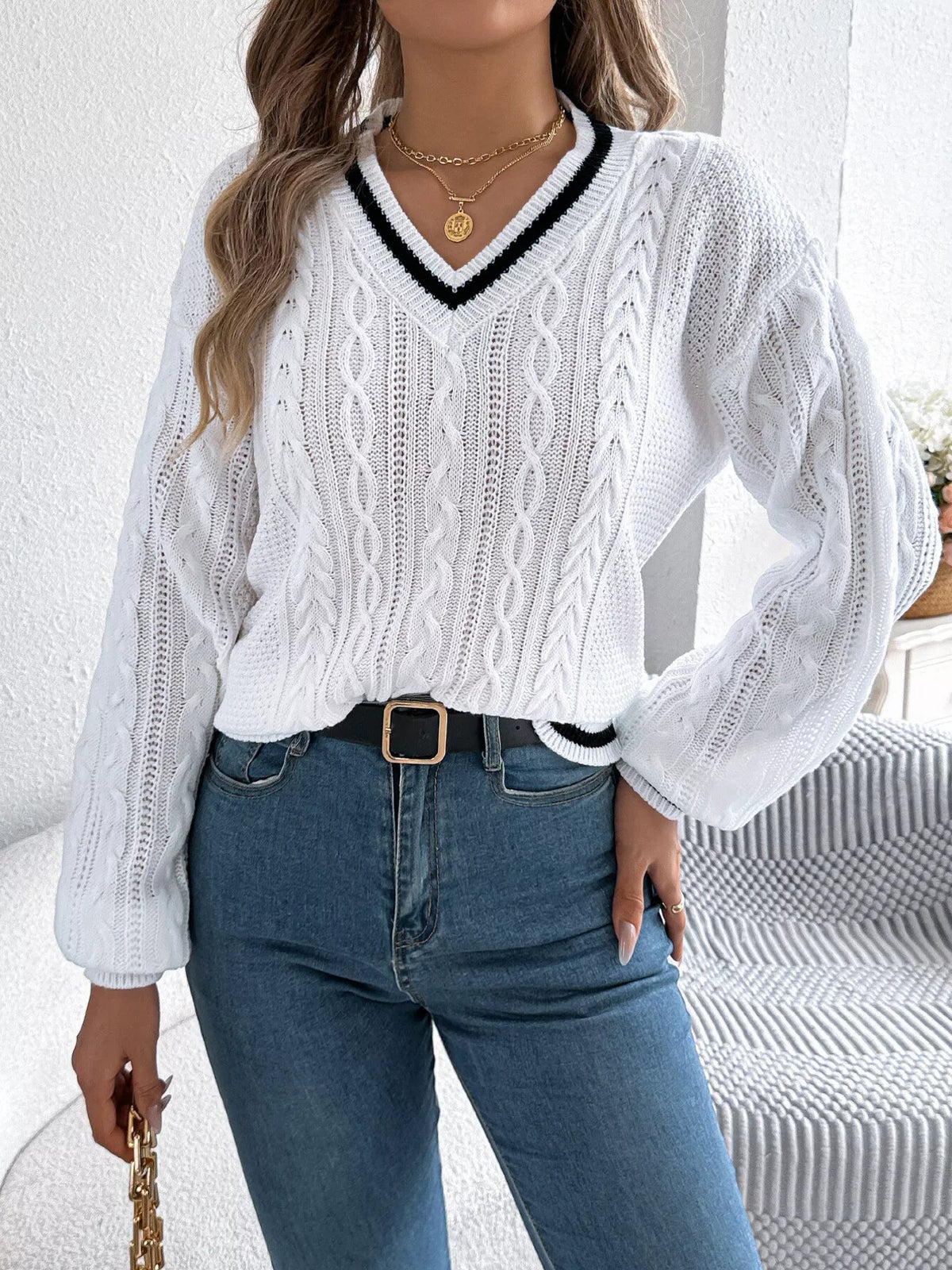 Cable Knit V-Neck Long Sleeve Sweater