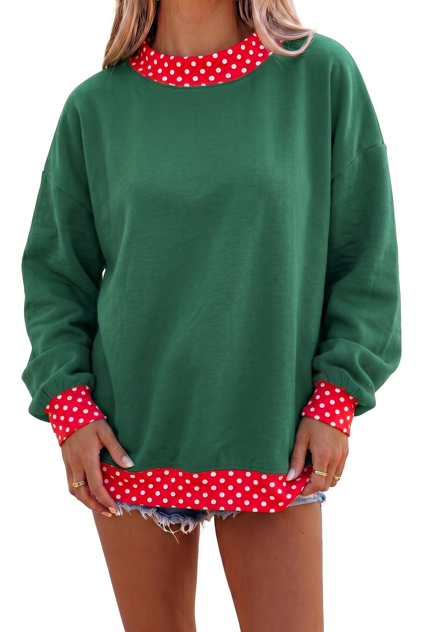 Brown Colorblock Polka Dot Contrast Trim Oversized Sweatshirt