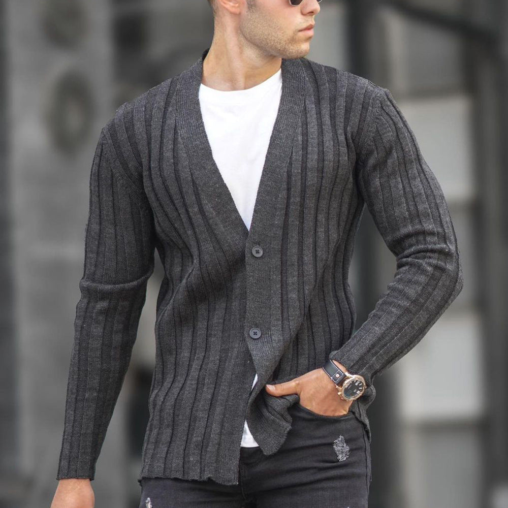 Cárdigan liso de color para hombre estilo europeo y americano, suéter casual de punto con patrón de rayas verticales y corte ajustado