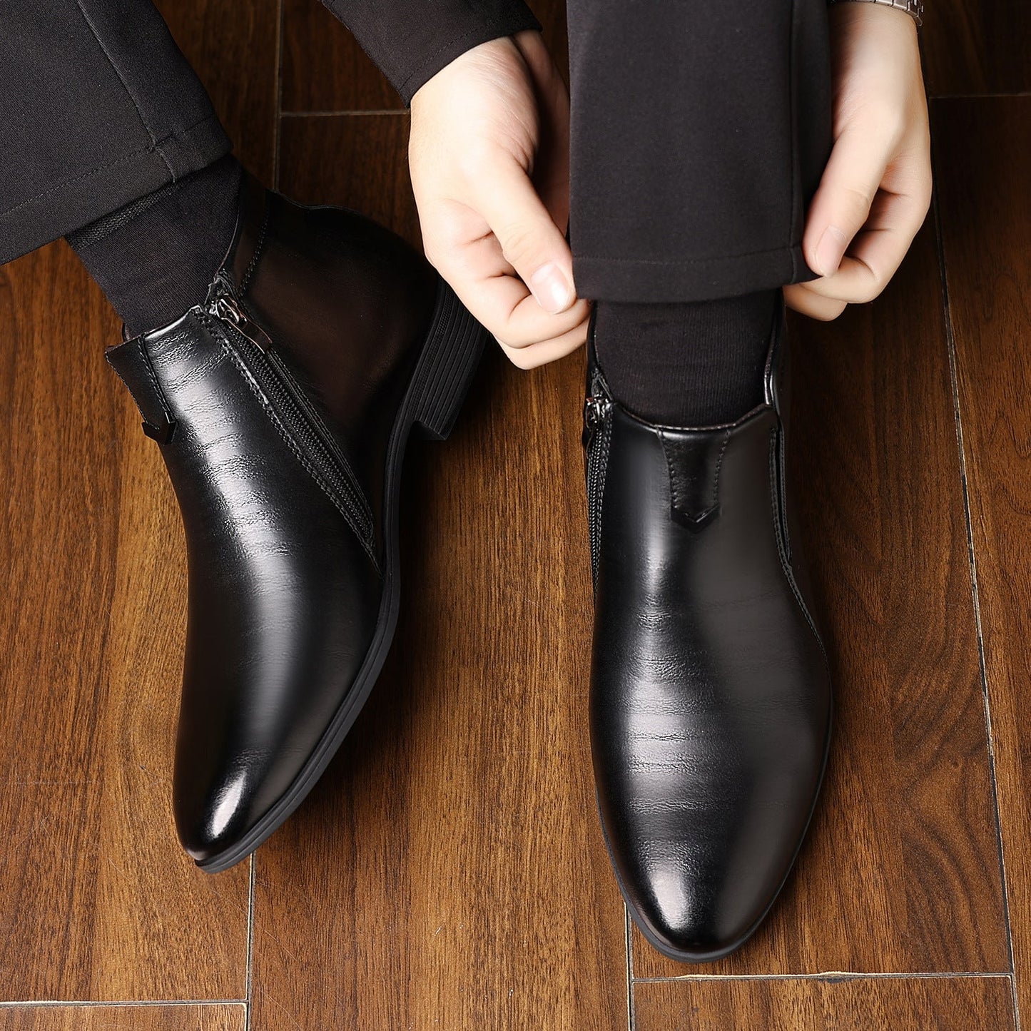 Men's Pointed White Striped Embossed Side Zipper Ankle Boots