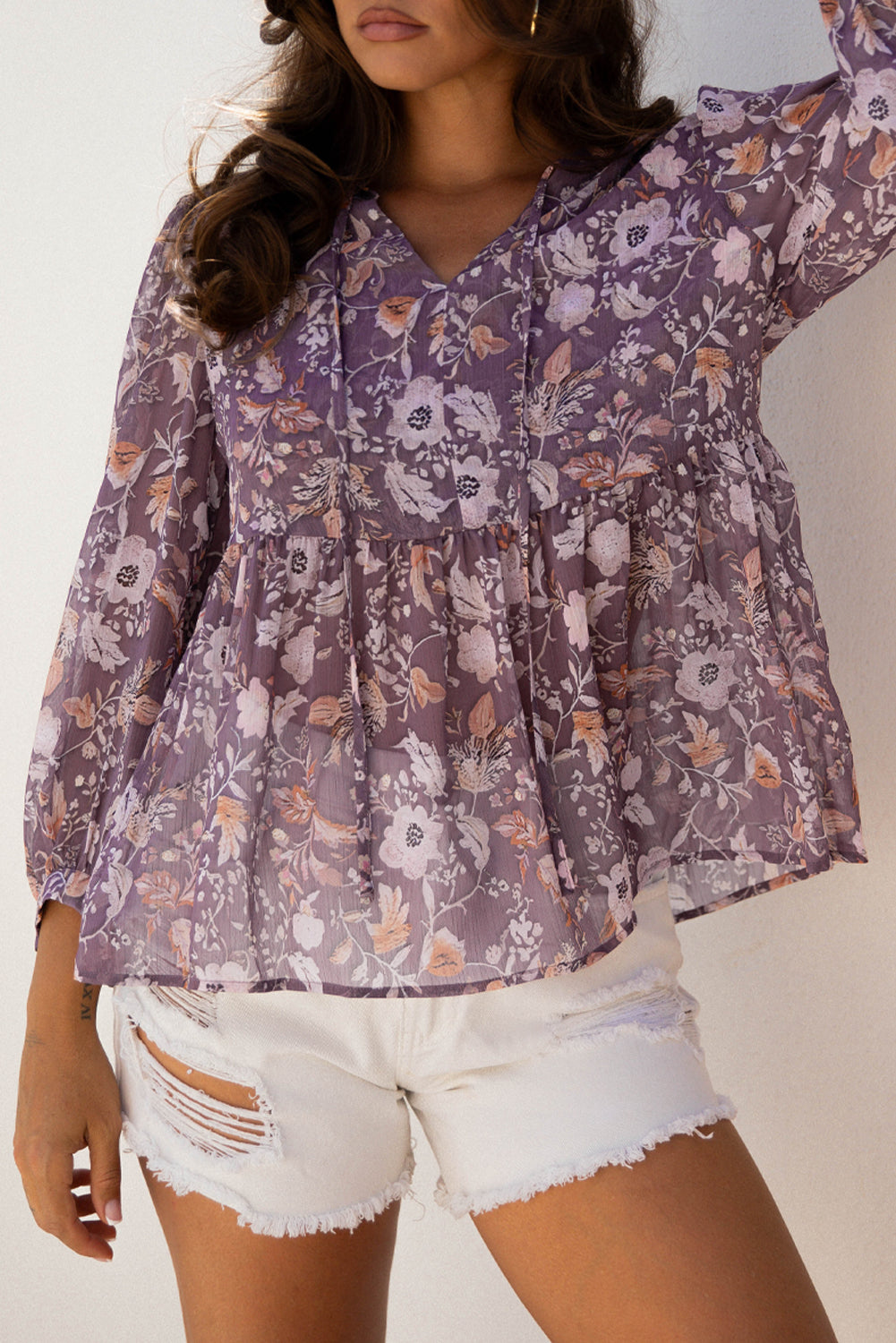 Blusa Estampada de Flores Boho Azul con Manga Francesa Estilo Babydoll