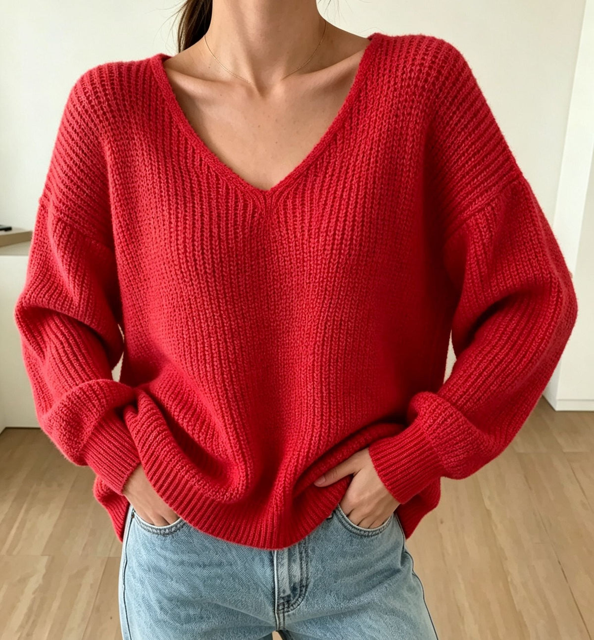 Thickened Long-sleeved Loose-fit V-neck Pullover Sweater For Women