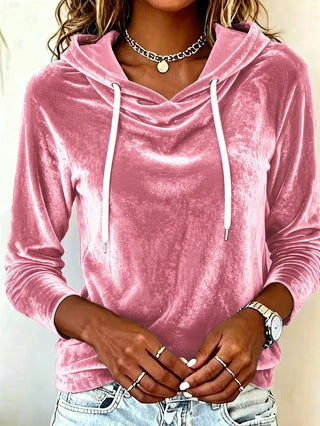 2026 Fall Winter Women's Solid Color Korean Velvet Drawstring Hooded Long Sleeve Casual Sweatshirt